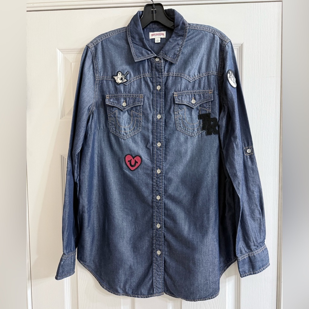True Religion Blue Denim Button Down Shirt with Patches
